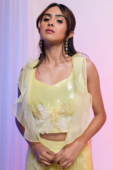 Buy_Smriti By Anju Agarwal_Yellow Blouse Georgette, Jacket Organza, Palazzo Chinon Sequin And Floral Set _Online_at_Aza_Fashions