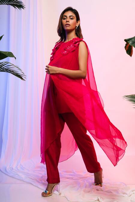 Smriti By Anju Agarwal_Pink Jacket Organza, Pants Silk, Top Chinon 3d Flowers Applique Work Set _Online_at_Aza_Fashions