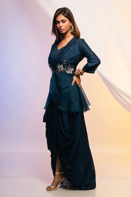 Buy_Smriti by Anju Agarwal_Blue Gown Crepe, Jacket Organza Floral Patch Wok Peplum And Set _Online_at_Aza_Fashions