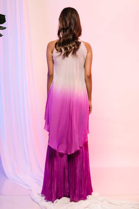 Shop_Smriti By Anju Agarwal_Purple Top Chinon And Pant Crepe Sequin & Cutdana Halter Ombre & Flared Set _at_Aza_Fashions