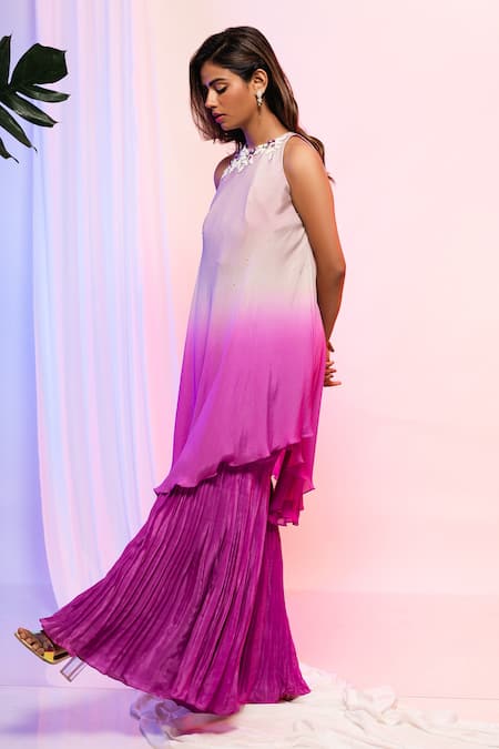 Smriti By Anju Agarwal_Purple Top Chinon And Pant Crepe Sequin & Cutdana Halter Ombre & Flared Set _Online_at_Aza_Fashions