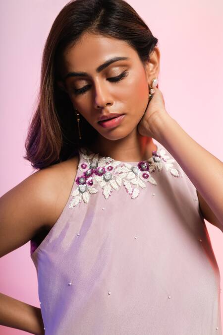 Buy_Smriti By Anju Agarwal_Purple Top Chinon And Pant Crepe Sequin & Cutdana Halter Ombre & Flared Set _Online_at_Aza_Fashions