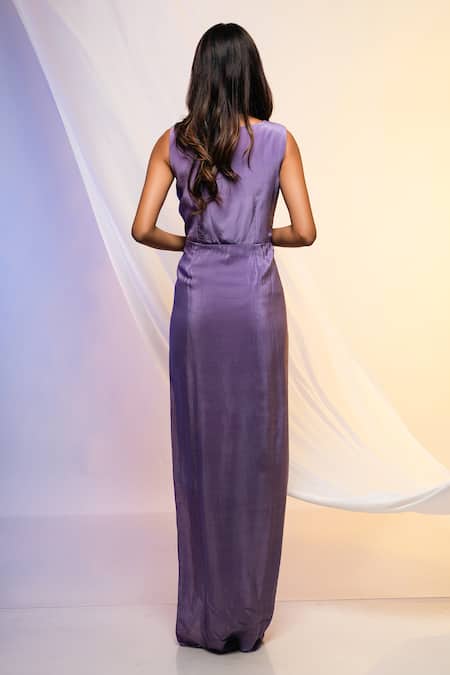 Shop_Smriti By Anju Agarwal_Purple Crepe Beads And Cutdana, Sequin V Neck Sleeveless Draped Gown _at_Aza_Fashions