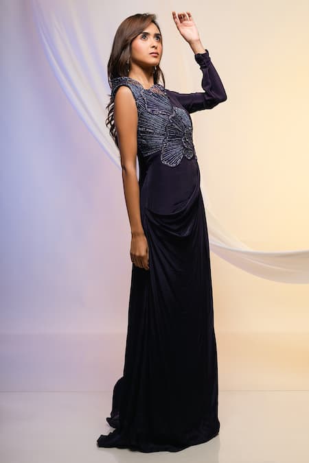 Smriti By Anju Agarwal_Purple Crepe Sequin And Cutdana, Thread V Neck Embroidered Bodice Draped Gown _Online_at_Aza_Fashions