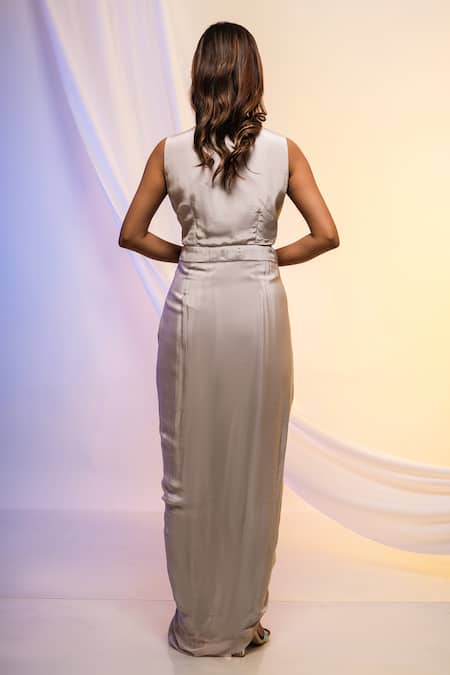 Shop_Smriti By Anju Agarwal_Grey Crepe Sequin And Cutdana, Thread, Beads Leaf Neck Waist Cutout Draped Gown _at_Aza_Fashions