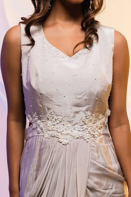 Buy_Smriti By Anju Agarwal_Grey Crepe Sequin And Cutdana, Thread, Beads Leaf Neck Waist Cutout Draped Gown _Online_at_Aza_Fashions