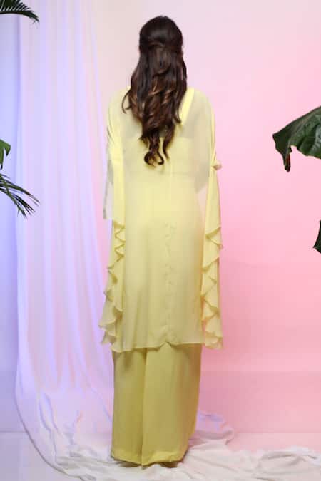 Shop Smriti By Anju Agarwal Yellow Top And Pant Chinon & Cape Organza Thread, Embroidered & Palazzo Set at Aza Fashions Shop_Smriti By Anju Agarwal_Yellow Top And Pant Chinon & Cape Organza Thread, Embroidered & Palazzo Set _at_Aza_Fashions