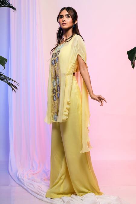 Smriti By Anju Agarwal Yellow Top And Pant Chinon & Cape Organza Thread, Embroidered & Palazzo Set Online at Aza Fashions Smriti By Anju Agarwal_Yellow Top And Pant Chinon & Cape Organza Thread, Embroidered & Palazzo Set _Online_at_Aza_Fashions