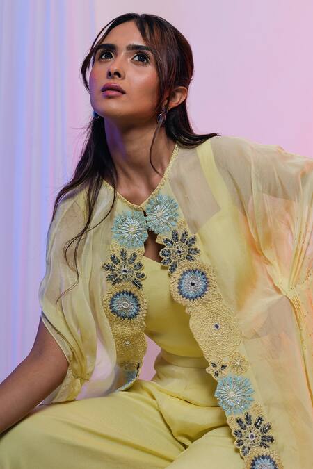 Buy Smriti By Anju Agarwal Yellow Top And Pant Chinon & Cape Organza Thread, Embroidered & Palazzo Set Online at Aza Fashions Buy_Smriti By Anju Agarwal_Yellow Top And Pant Chinon & Cape Organza Thread, Embroidered & Palazzo Set _Online_at_Aza_Fashions