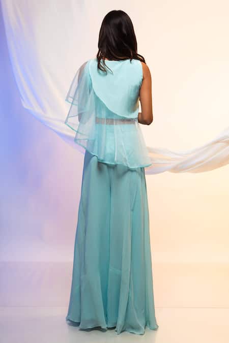 Shop Smriti By Anju Agarwal Blue Top Crepe And Organza & Palazzo Georgette Cutdana & Ruffle Crop & Set at Aza Fashions Shop_Smriti By Anju Agarwal_Blue Top Crepe And Organza & Palazzo Georgette Cutdana & Ruffle Crop & Set _at_Aza_Fashions