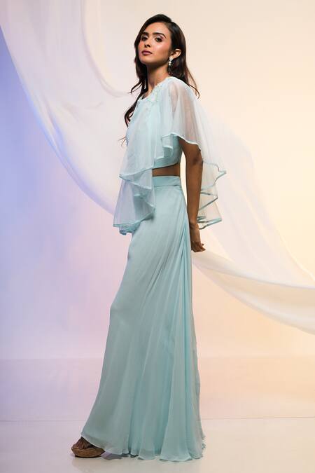 Smriti By Anju Agarwal Blue Top Crepe And Organza & Palazzo Georgette Cutdana & Ruffle Crop & Set Online at Aza Fashions Smriti By Anju Agarwal_Blue Top Crepe And Organza & Palazzo Georgette Cutdana & Ruffle Crop & Set _Online_at_Aza_Fashions