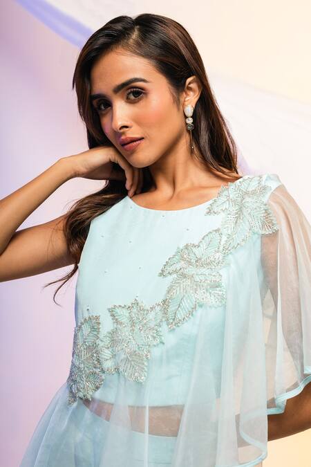 Buy Smriti By Anju Agarwal Blue Top Crepe And Organza & Palazzo Georgette Cutdana & Ruffle Crop & Set Online at Aza Fashions Buy_Smriti By Anju Agarwal_Blue Top Crepe And Organza & Palazzo Georgette Cutdana & Ruffle Crop & Set _Online_at_Aza_Fashions