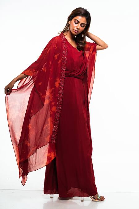 Smriti By Anju Agarwal_Maroon Cape- Georgette And Gown- Crepe Thread & Cutdana V Neck Blotch Dyed With _Online_at_Aza_Fashions
