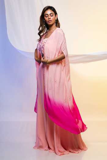 Smriti By Anju Agarwal_Pink Chinon Thread, Pearl And Cutdana U Neck Ombre Cape & Palazzo Set _Online_at_Aza_Fashions