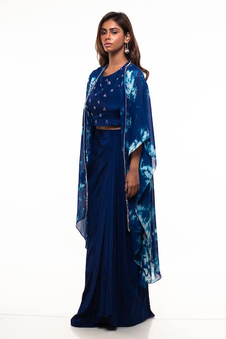 Smriti By Anju Agarwal_Blue Blouse And Skirt- Crepe, Cape- Georgette Cutdana & Blotch Dyed & Draped Set _Online_at_Aza_Fashions