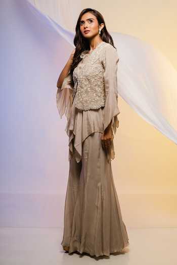 Smriti By Anju Agarwal_Grey Peplum And Pants- Chinon & Jacket- Organza Thread Embroidered & Hipster Set _Online_at_Aza_Fashions