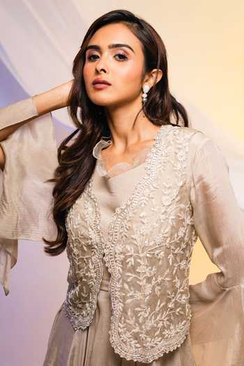Buy_Smriti By Anju Agarwal_Grey Peplum And Pants- Chinon & Jacket- Organza Thread Embroidered & Hipster Set _Online_at_Aza_Fashions