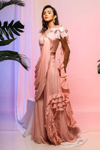 Smriti By Anju Agarwal_Peach Blouse- Organza, Pant- Chinon And Drape- Georgette Saree With Embroidered _Online_at_Aza_Fashions