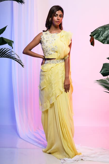 Smriti By Anju Agarwal Yellow Floral Round Draped Skirt And Blouse Set 