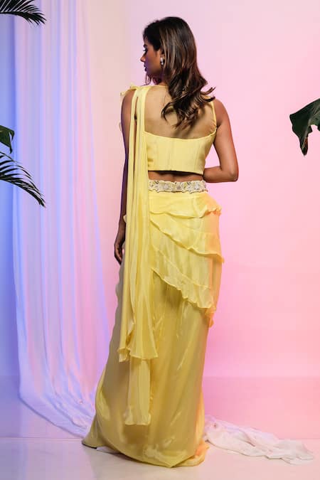 Shop Smriti By Anju Agarwal Yellow Floral Round Draped Skirt And Blouse Set at Aza Fashions Shop_Smriti By Anju Agarwal_Yellow Floral Round Draped Skirt And Blouse Set _at_Aza_Fashions