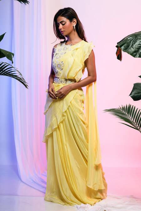 Smriti By Anju Agarwal Yellow Floral Round Draped Skirt And Blouse Set Online at Aza Fashions Smriti By Anju Agarwal_Yellow Floral Round Draped Skirt And Blouse Set _Online_at_Aza_Fashions