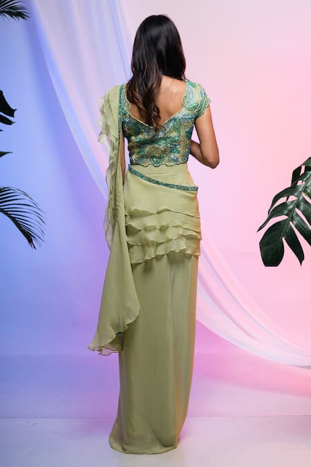 Shop Smriti By Anju Agarwal Green Blouse-organza, Dupatta- Organza, Skirt- Draped With Embroidered Blouse at Aza Fashions Shop_Smriti By Anju Agarwal_Green Blouse-organza, Dupatta- Organza, Skirt- Draped With Embroidered Blouse _at_Aza_Fashions