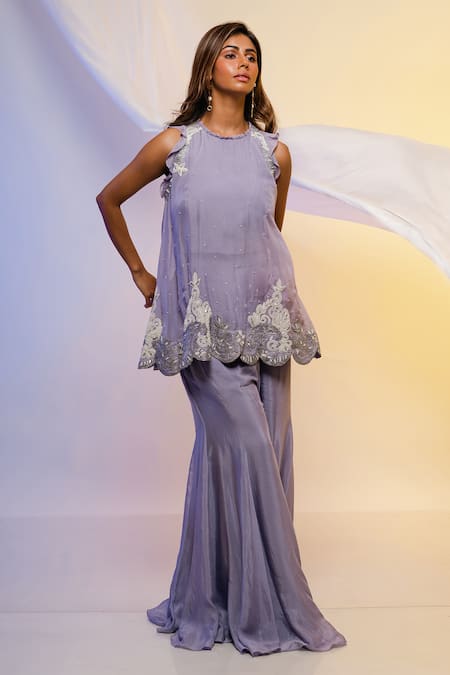 Smriti By Anju Agarwal Purple Cape- Organza, Pants- Chinnon Cord Round Embroidered And Set 