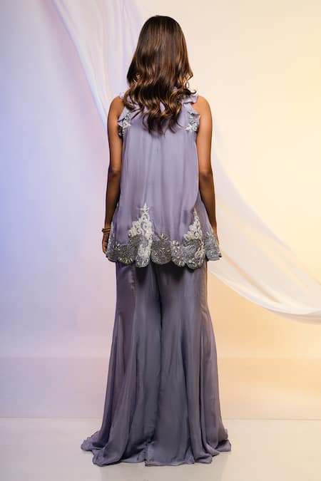 Shop_Smriti By Anju Agarwal_Purple Cape- Organza, Pants- Chinnon Cord Round Embroidered And Set _at_Aza_Fashions