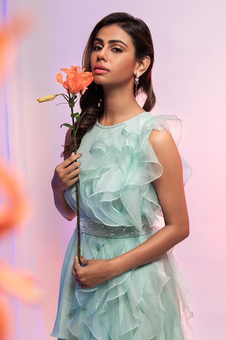 Shop Smriti By Anju Agarwal Blue Pants- Chinnon, Top- Crepe And Organza Round Ruffle & Set Online at Aza Fashions Shop_Smriti By Anju Agarwal_Blue Pants- Chinnon, Top- Crepe And Organza Round Ruffle & Set _Online_at_Aza_Fashions