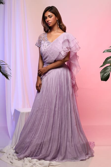 Smriti By Anju Agarwal Purple Blouse- Net, Lehenga- Chinnon, Pallu- Organza Pipe, Pleated And Set 