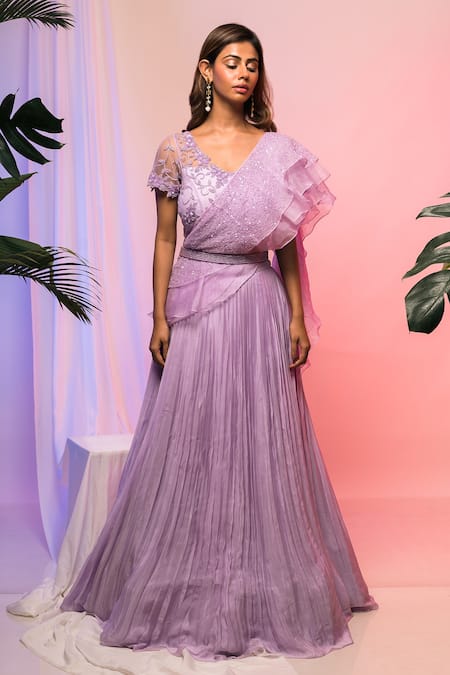 Smriti By Anju Agarwal_Purple Blouse- Net, Lehenga- Chinnon, Pallu- Organza Pipe, Pleated And Set _Online_at_Aza_Fashions