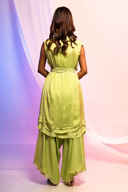 Shop Smriti By Anju Agarwal Green Crepe Plain V Neck Overlap Top And Pant Set at Aza Fashions Shop_Smriti By Anju Agarwal_Green Crepe Plain V Neck Overlap Top And Pant Set _at_Aza_Fashions