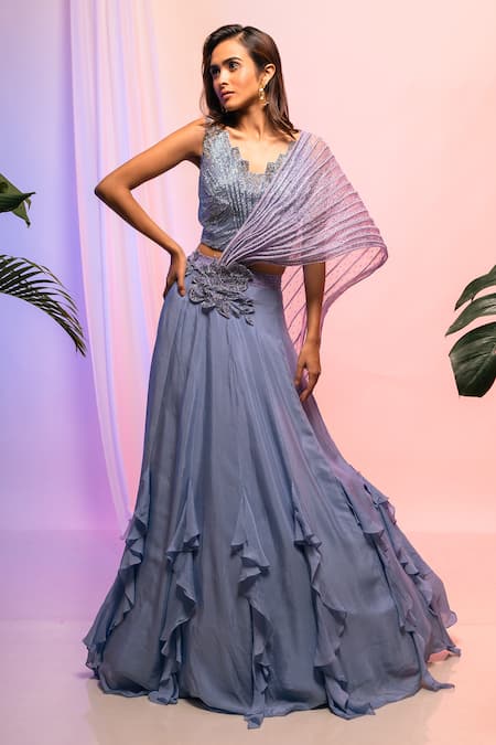 Smriti By Anju Agarwal Blue Blouse- Crepe, Lehenga- Chinnon, Pallu- Organza Pipe, Sequin Ruffle And Set 