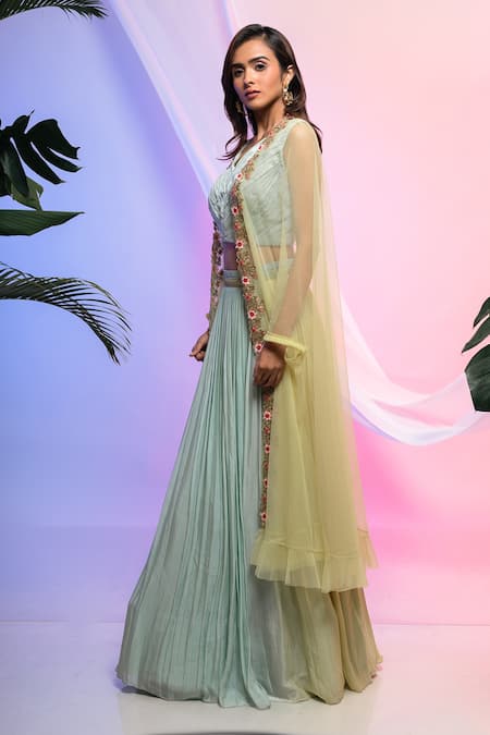 Smriti By Anju Agarwal_Green Blouse And Skirt- Chinon, Cape- Net Floral Cape Embroidered Lehenga Set _Online_at_Aza_Fashions