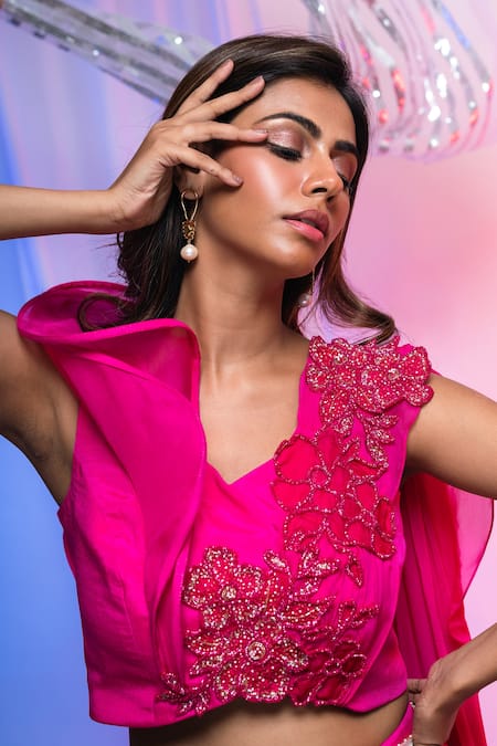 Buy_Smriti By Anju Agarwal_Fuchsia Blouse- Chinon And Organza, Lehenga- Floral V With Embroidered _Online_at_Aza_Fashions