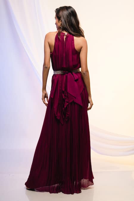 Shop_Smriti by Anju Agarwal_Magenta Chinnon Plain Halter Neck Top And Pant Set _at_Aza_Fashions