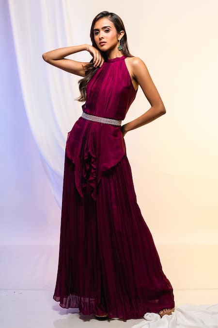 Smriti by Anju Agarwal_Magenta Chinnon Plain Halter Neck Top And Pant Set _Online_at_Aza_Fashions