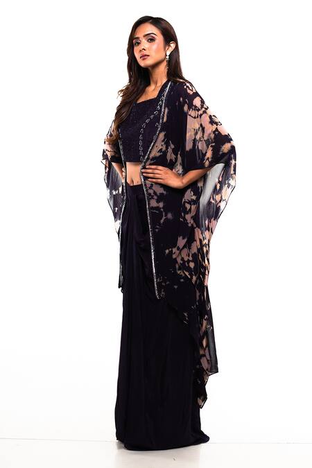 Smriti By Anju Agarwal_Purple Cape- Georgette, Crop Top- , Skirt- Tie Dye And Draped Set _Online_at_Aza_Fashions