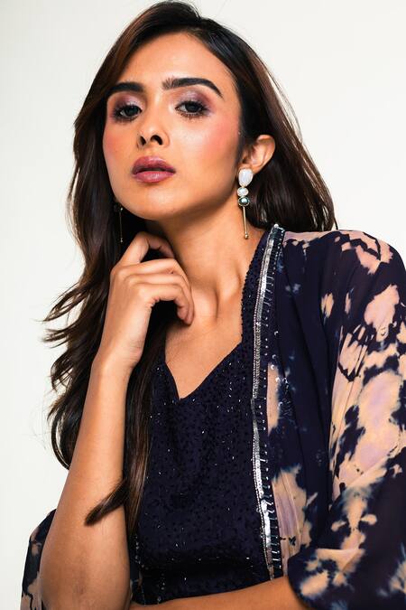 Buy_Smriti By Anju Agarwal_Purple Cape- Georgette, Crop Top- , Skirt- Tie Dye And Draped Set _Online_at_Aza_Fashions