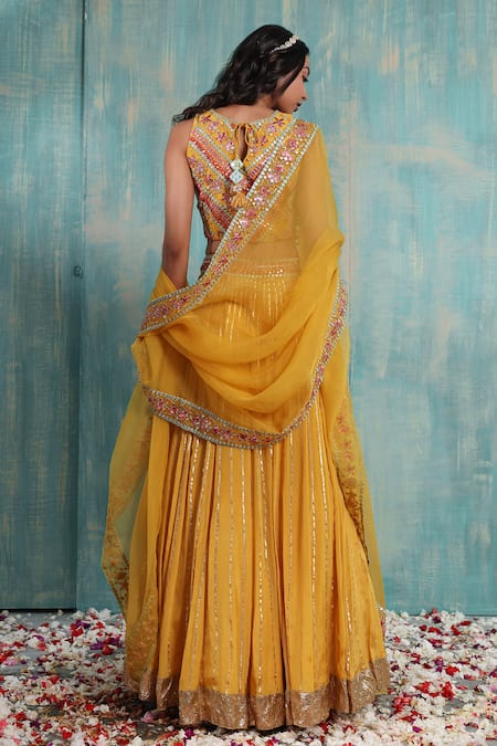 Shop Smriti By Anju Agarwal Yellow Blouse- Net And Taffeta, Dupatta- Organza, Lehenga- Orla Embroidered Set at Aza Fashions Shop_Smriti By Anju Agarwal_Yellow Blouse- Net And Taffeta, Dupatta- Organza, Lehenga- Orla Embroidered Set _at_Aza_Fashions