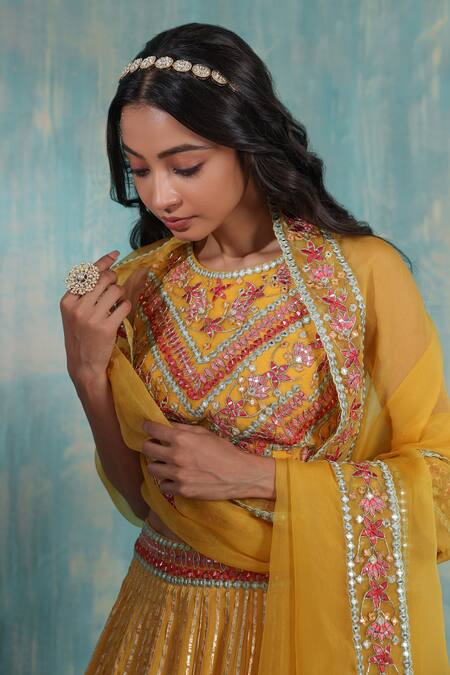 Buy Smriti By Anju Agarwal Yellow Blouse- Net And Taffeta, Dupatta- Organza, Lehenga- Orla Embroidered Set Online at Aza Fashions Buy_Smriti By Anju Agarwal_Yellow Blouse- Net And Taffeta, Dupatta- Organza, Lehenga- Orla Embroidered Set _Online_at_Aza_Fashions