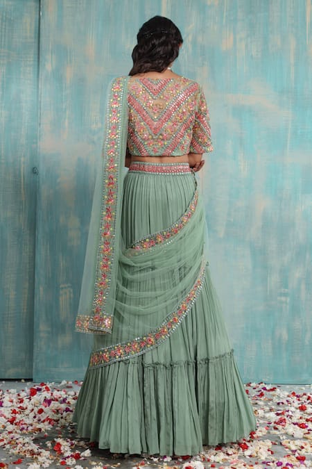Shop_Smriti By Anju Agarwal_Green Blouse- Net And Taffeta, Dupatta- Net, Lehenga- Chinnon Avni Tiered Set _at_Aza_Fashions