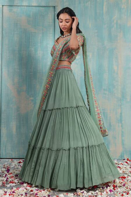 Smriti By Anju Agarwal_Green Blouse- Net And Taffeta, Dupatta- Net, Lehenga- Chinnon Avni Tiered Set _Online_at_Aza_Fashions