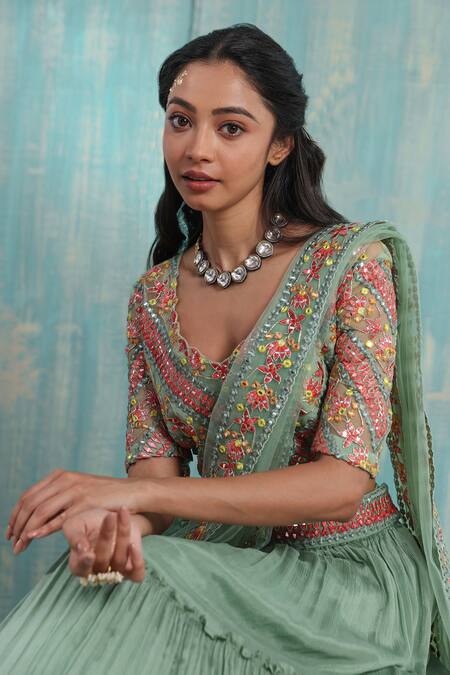 Buy_Smriti By Anju Agarwal_Green Blouse- Net And Taffeta, Dupatta- Net, Lehenga- Chinnon Avni Tiered Set _Online_at_Aza_Fashions