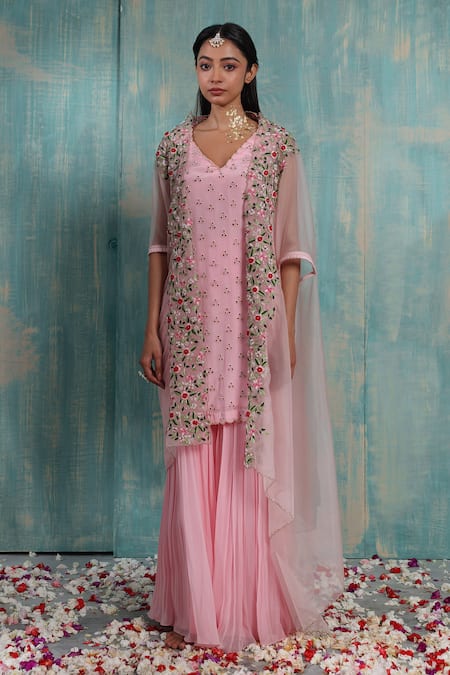 Smriti By Anju Agarwal Pink Cape- Net, Kurta- Crepe, Sharara- Georgette Surabhi Embroidered Set 
