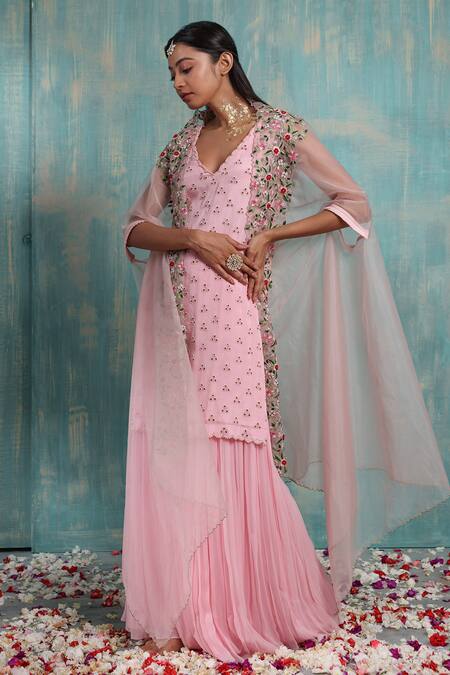 Smriti By Anju Agarwal Pink Cape- Net, Kurta- Crepe, Sharara- Georgette Surabhi Embroidered Set Online at Aza Fashions Smriti By Anju Agarwal_Pink Cape- Net, Kurta- Crepe, Sharara- Georgette Surabhi Embroidered Set _Online_at_Aza_Fashions