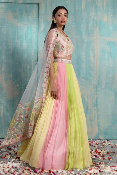 Smriti By Anju Agarwal Pink Blouse- Net And Taffeta, Dupatta- Net, Lehenga- Chinnon Navya Pleated Set Online at Aza Fashions Smriti By Anju Agarwal_Pink Blouse- Net And Taffeta, Dupatta- Net, Lehenga- Chinnon Navya Pleated Set _Online_at_Aza_Fashions