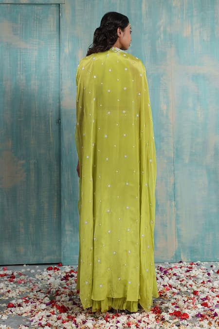 Shop Smriti By Anju Agarwal Green Blouse Organza, Skirt And Cape Chinnon Cut Beads Omala Embroidered Set at Aza Fashions Shop_Smriti By Anju Agarwal_Green Blouse Organza, Skirt And Cape Chinnon Cut Beads Omala Embroidered Set _at_Aza_Fashions