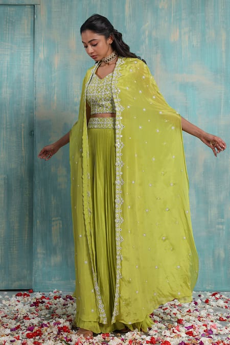 Smriti By Anju Agarwal Green Blouse Organza, Skirt And Cape Chinnon Cut Beads Omala Embroidered Set Online at Aza Fashions Smriti By Anju Agarwal_Green Blouse Organza, Skirt And Cape Chinnon Cut Beads Omala Embroidered Set _Online_at_Aza_Fashions