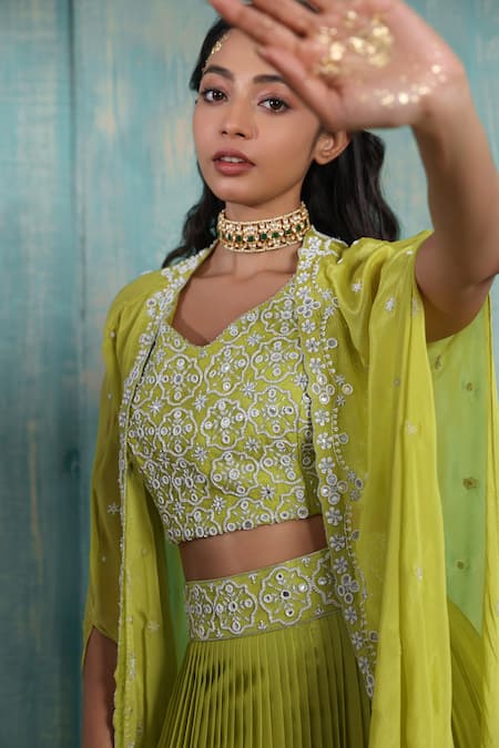 Buy Smriti By Anju Agarwal Green Blouse Organza, Skirt And Cape Chinnon Cut Beads Omala Embroidered Set Online at Aza Fashions Buy_Smriti By Anju Agarwal_Green Blouse Organza, Skirt And Cape Chinnon Cut Beads Omala Embroidered Set _Online_at_Aza_Fashions